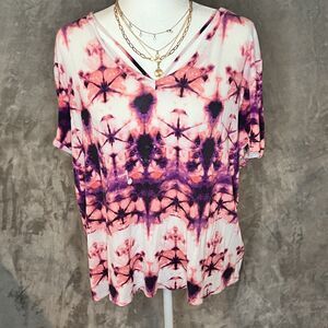 Rock & Republic Tie Dye V Neck Short Sleeve T Shirt Womens XXL Pink Purple